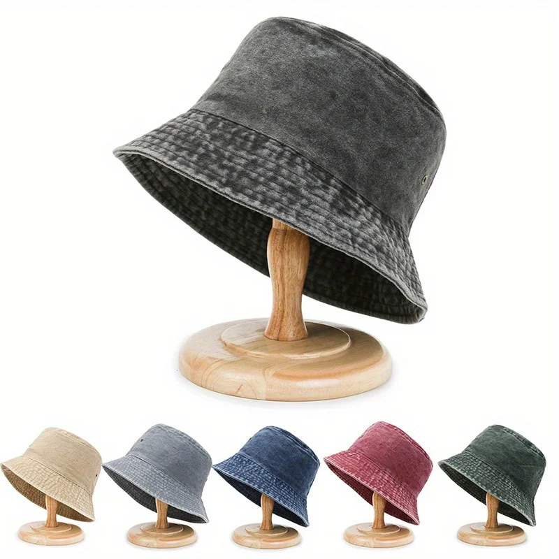Classic Unisex Denim Bucket Hat Solid Color Washed Distressed Sun Hats Lightweight Fisherman Cap For Women Men