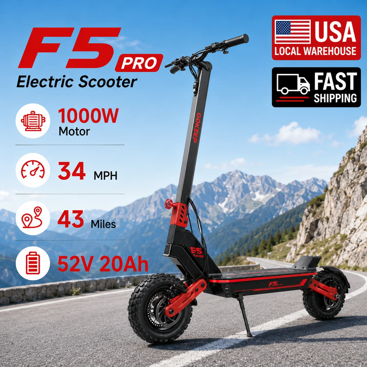 1000W off-road electric scooter, 52V brushless motor, NFC start, foldable, shipped from the United States, commuter vehicle