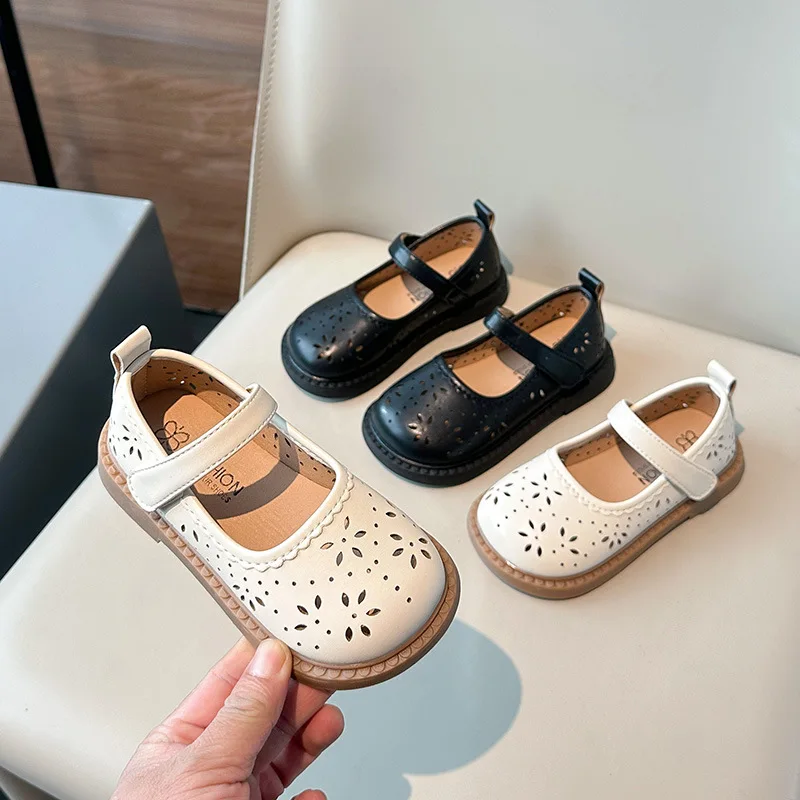 Girls Sweet Leather Shoes 2026 Spring Autumn New Fashion Kids Mary Janes Cut-outs Princess Children Dress Shoes Soft Chic