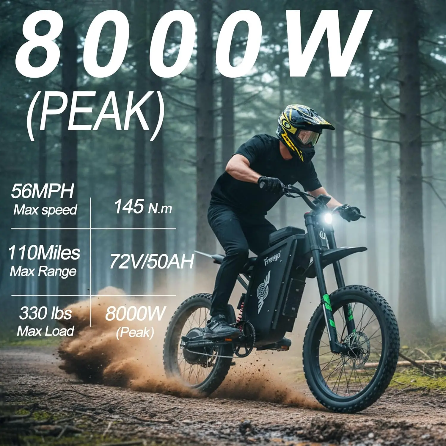 Freego Electric Dirt Bike for Adults X3 Electric Mountain Bike 8000W Motor 72V,50AH Battery Ebike Speed 56 MPH Electric Bicycle