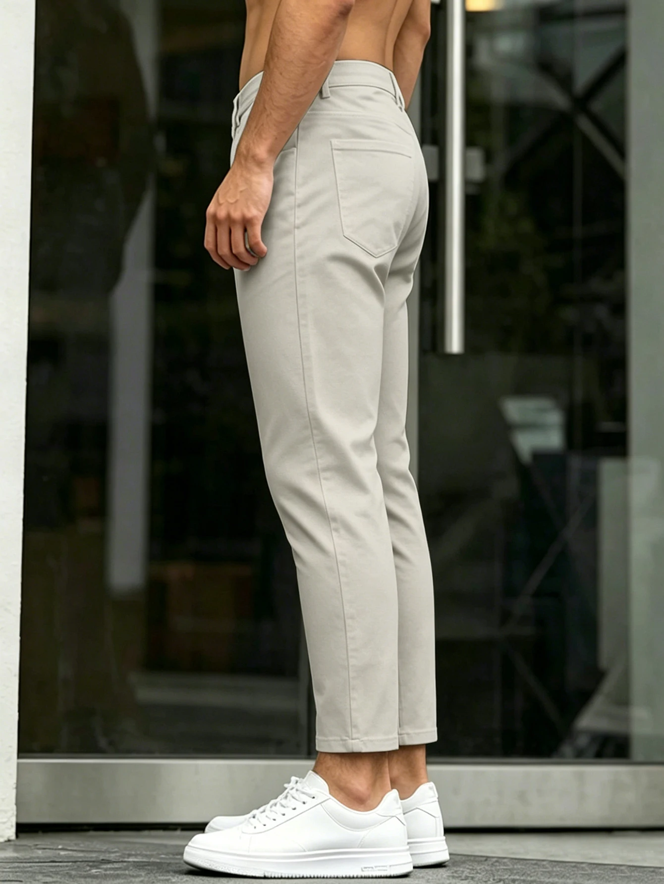 Men Slim Fit 5 Pocket Tapered Ankle Cropped Chino Pants, Wrinkle Resistant Polyester Solid Apricot Business Casual Trousers - Image 5