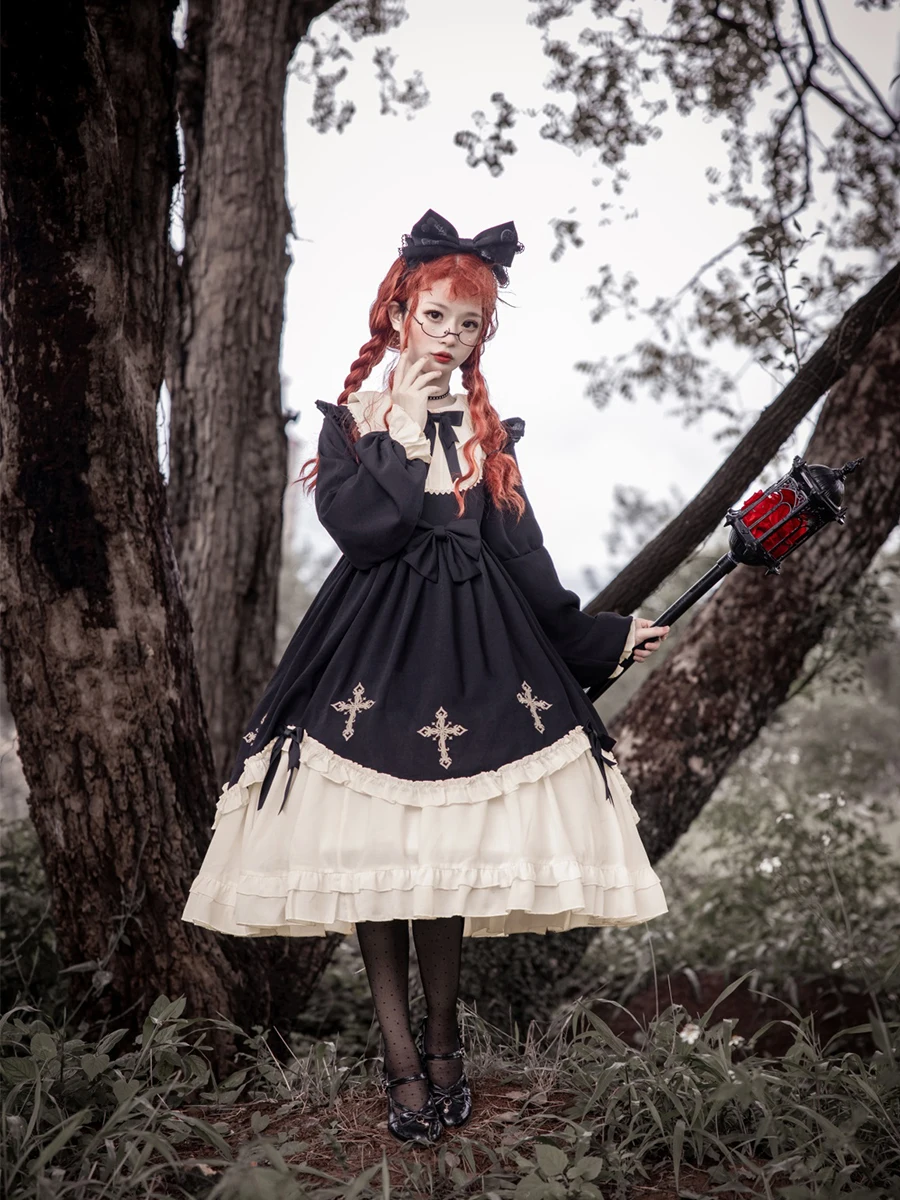 TBC LOLITA Gothic Lolita Style plus Size Dress Halloween Christmas Dark Series Long Sleeve Princess Sleeve Midi Skirt Belted