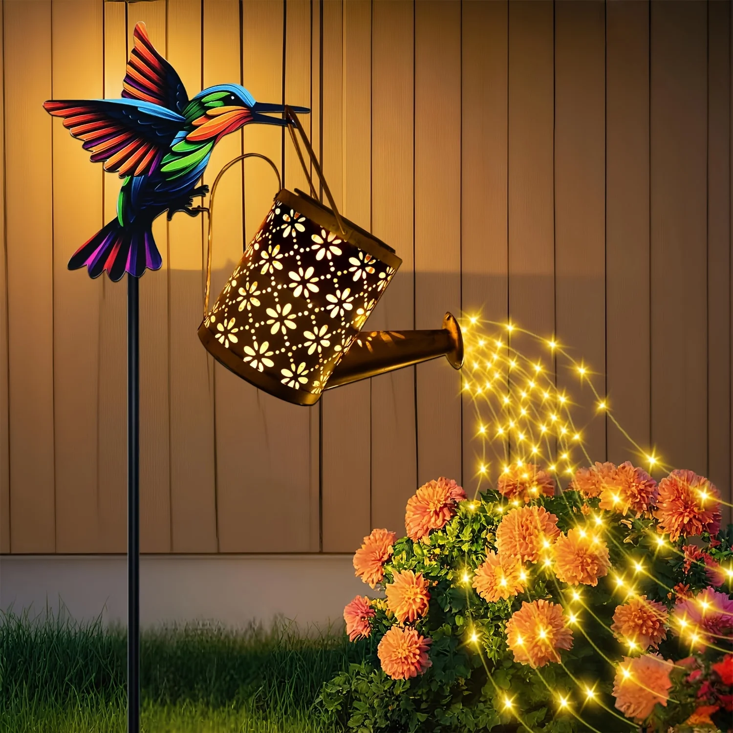Outdoor Garden Solar Statue Light, Solar Hummingbird Watering Can Lights Outdoor Garden Decor, Iron Solar Hummingbird Shaped Hook Gardening Lantern, Solar Lights for Patio Yard Lawn Backyard Home Decor