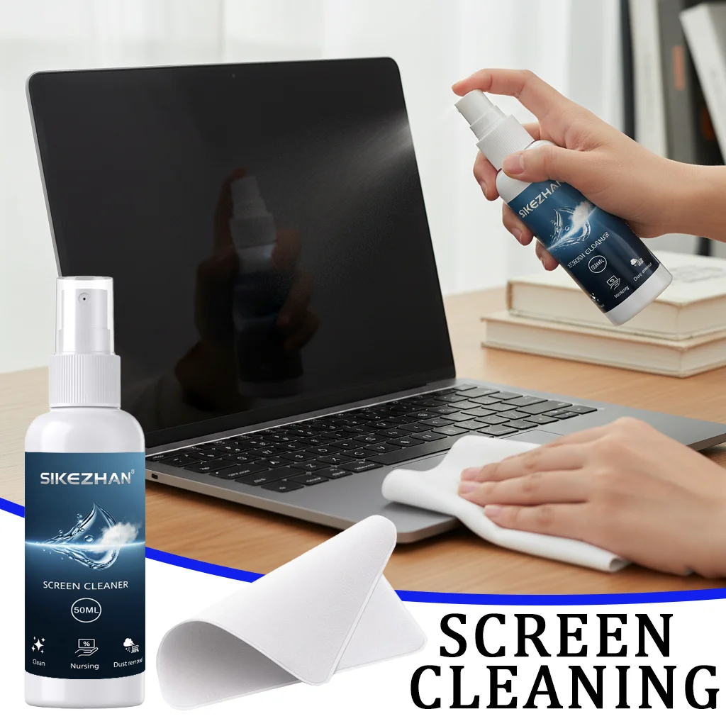 Screen Cleaner 50ml + Microfiber Polishing Cloth, Streak‑Free Phone/Laptop/Tablet/Monitor Kit, Removes Fingerprints & Dust