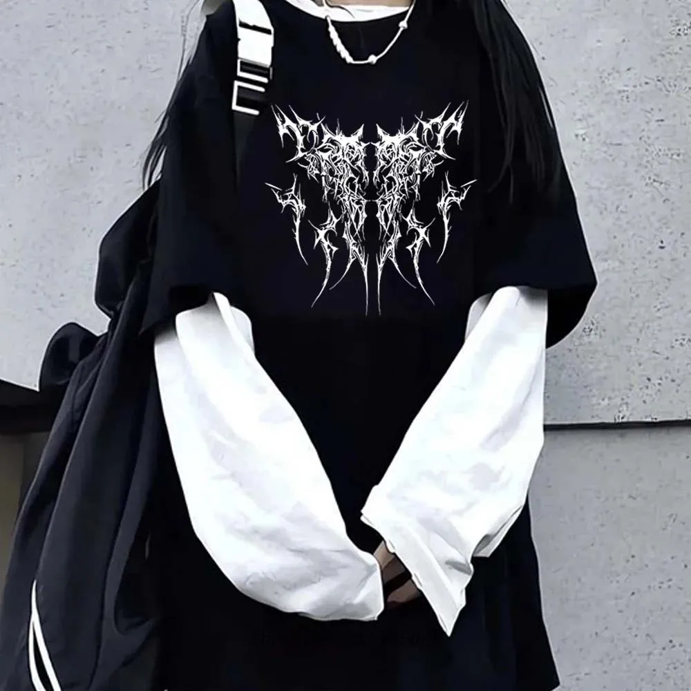Women Line Print Graphic Fake Two Long Sleeved T-shirts Fashion Gothic Retro Casual Loose Fake Two Long Sleeved T-shirt - Image 5