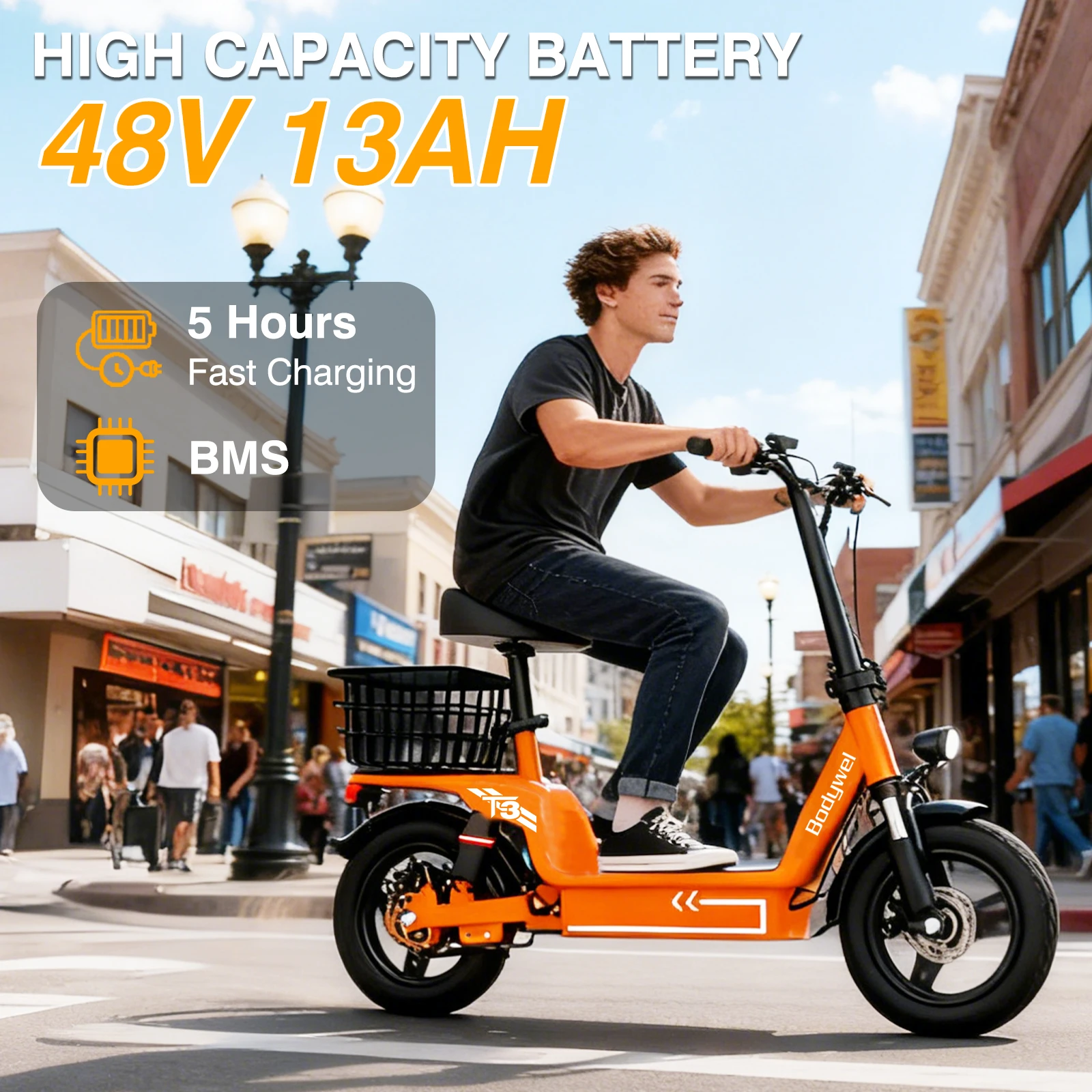 Bodywel T3 Folding Electric Scooter for Adults, 48V 13Ah Full Shock Foldable EScooter with Seat For Shopping and Commuting ebike - Image 2