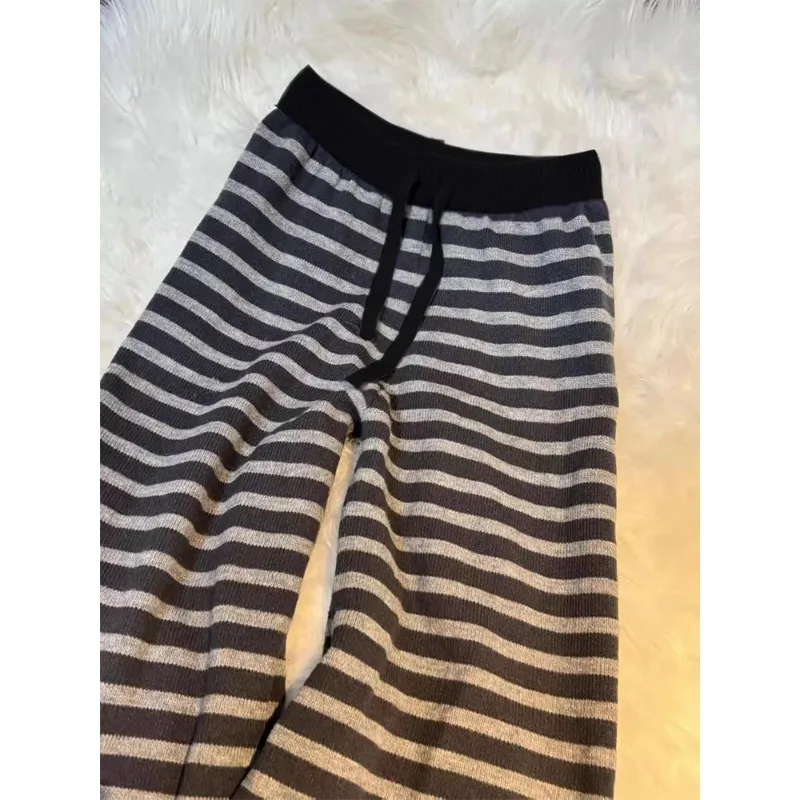 Harajuku Contrast Color Stripe Wide Leg Trousers Vintage Grunge Loose Knitted Casual Pant Y2k Aesthetic Women Straight Pants - Image 6