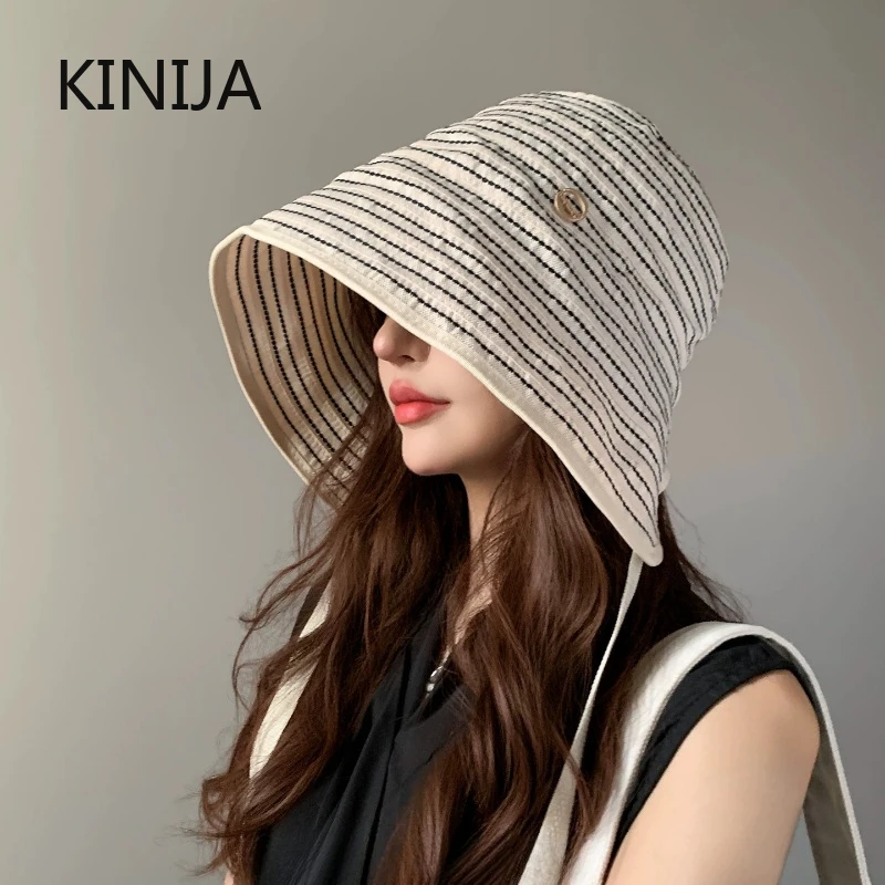 Fashion Ribbon Women Striped Fisherman Hat Wide Brim Foldable Summer Sun Hat Sun Protection Sunshade Hat Ladies Visor Cap Hiking - Image 2