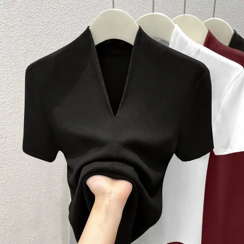 Women Threaded New Summer Short Sleeved Top for Fashion Versatile Base Shirt Plus Size Slim Fit V-neck Casual and Sexy T-shirt - Image 5