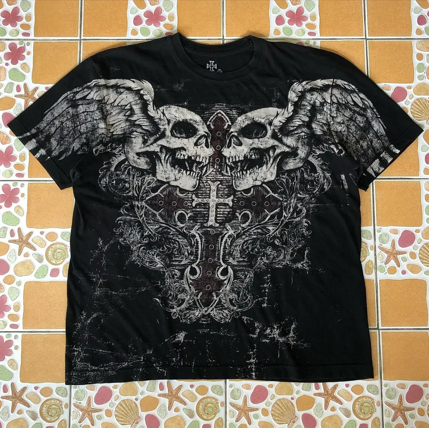 90s Skeleton Cross Wing High Quality Style Streetwear Tee Gothic Skull Cross Print Trendy Graphic T-shirts