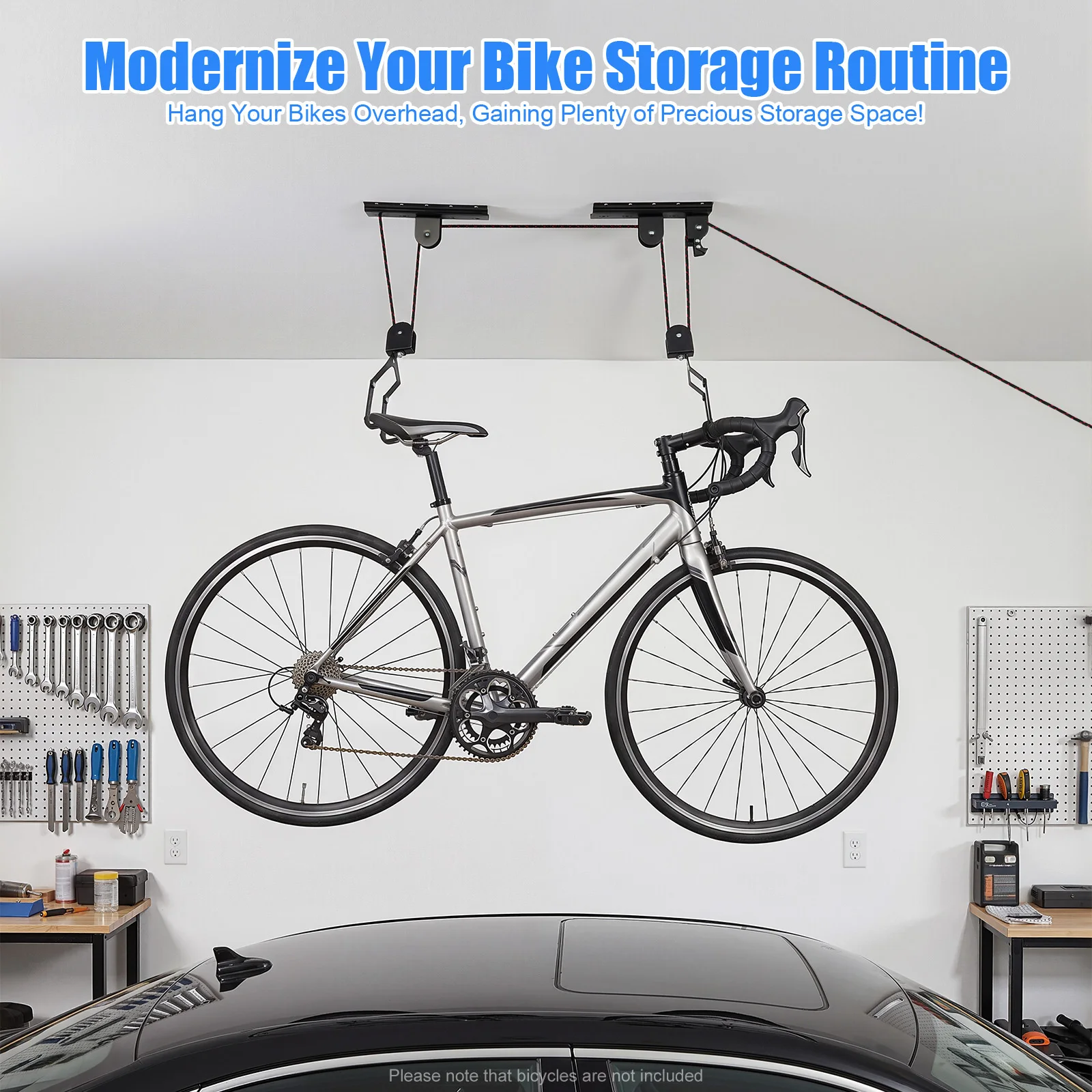 Bike Hoist for Garage Ceiling, Bike Car Carrier Rack, Bicycle Wall Mount Storage System, Pulley Lift, Coated Hooks, Safety Straps, Easy Install Ceiling Hanger for Mountain Bike Road Bike, Space Saving Organizer S Hook Rope - Image 5
