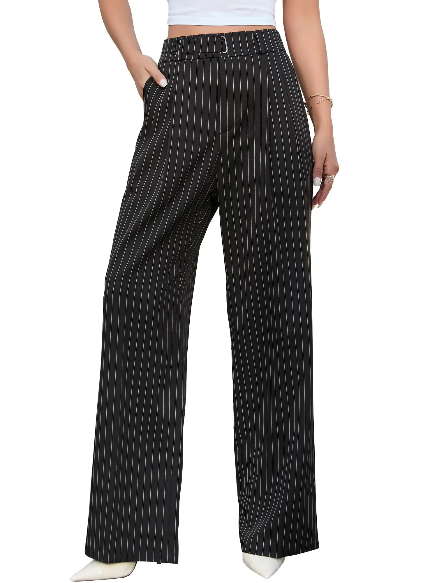 Women Stripe Wide Leg Pants High Waist Luxury Dress Trousers Elegant Business Work Wear - Image 3