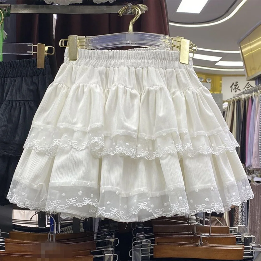 Japanese Y2k Cute Ruffled Plaid Skirt Subculture White Lace Cake Skirts Preppy Casual New Women Princess Puffy Skirts Mini Skirt - Image 4