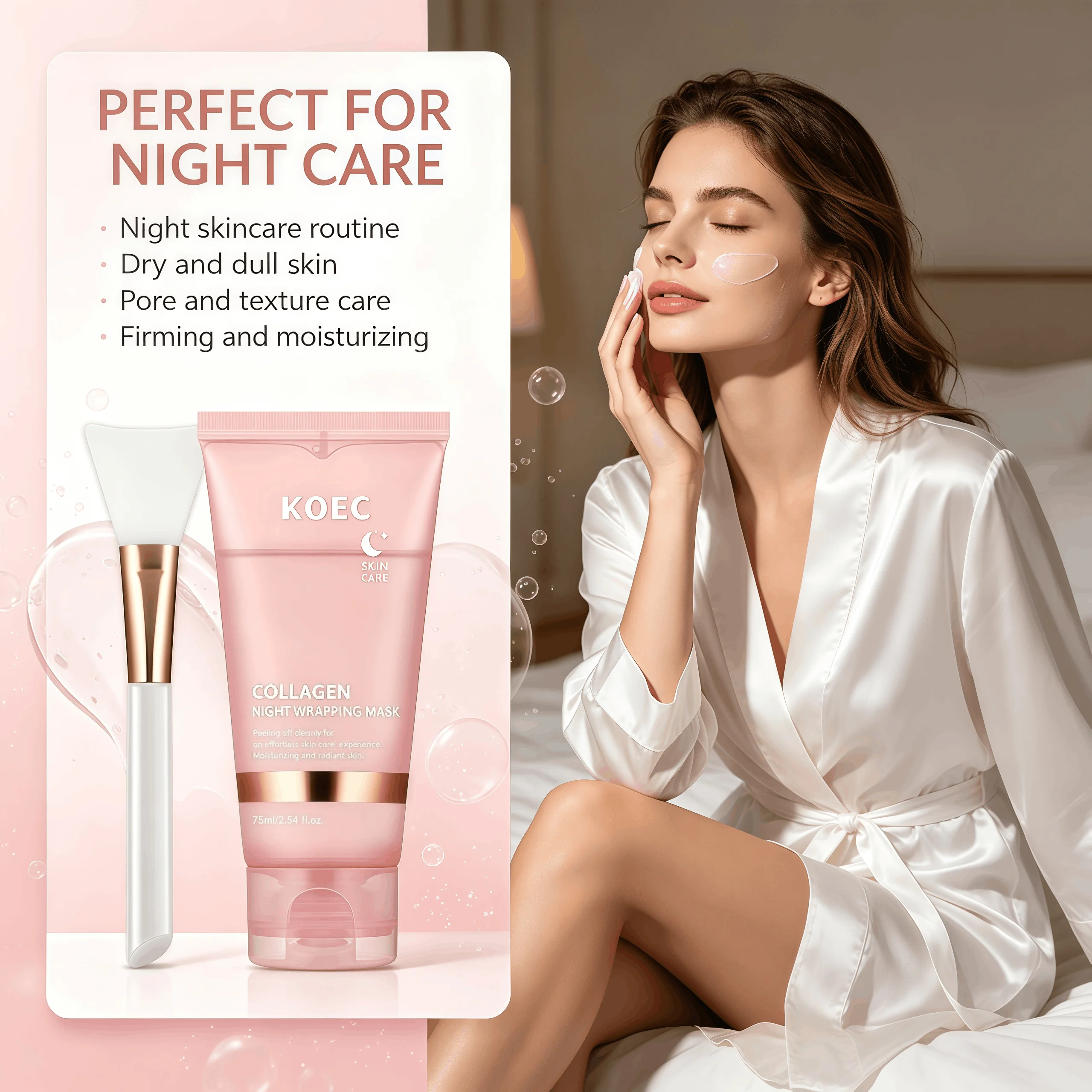 Collagen Peel Off Night Wrapping Mask, KOEC Hydrating Overnight Sleeping Facial Mask with Applicator Brush, Deep Collagen Moisturizer, Revives Dull Skin, Clean Peeling Skincare Mask for Smooth Radiant Complexion - Image 3