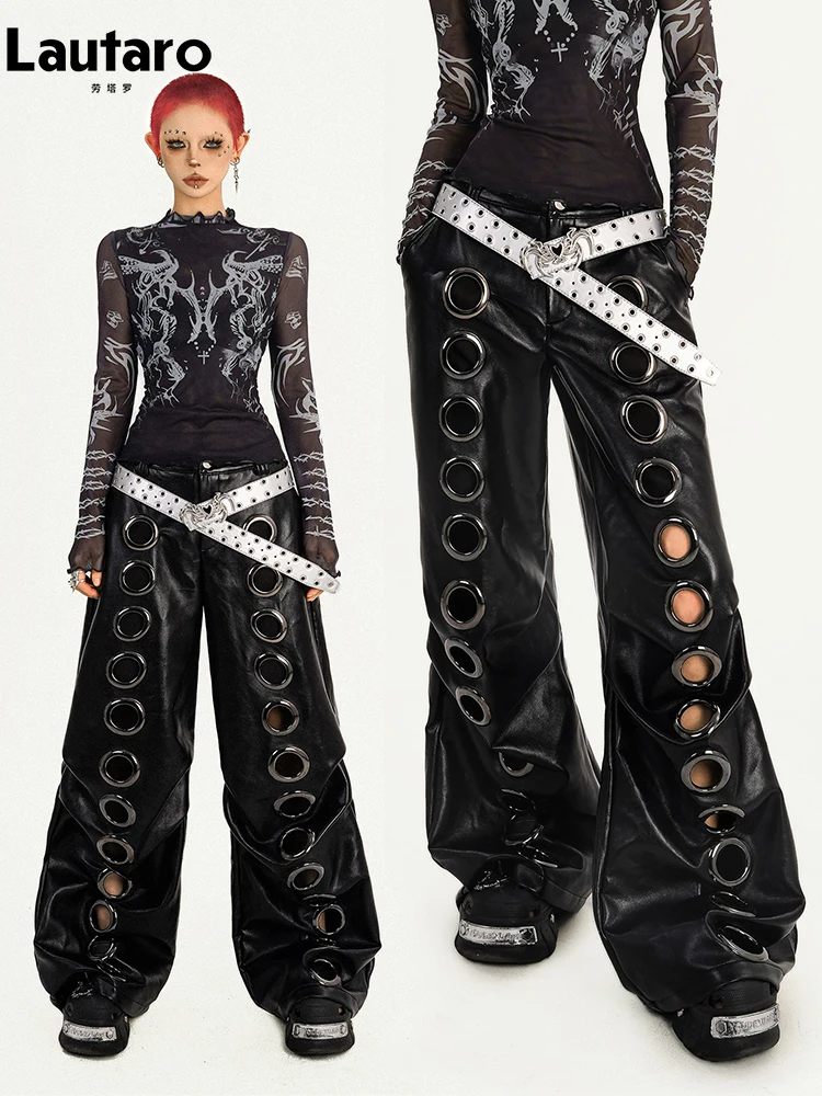 Lautaro Spring Cool Long Black Baggy Pu Leather Wide Leg Pants for Women with Many Holes Luxury Designer Emo Punk Clothes 2026