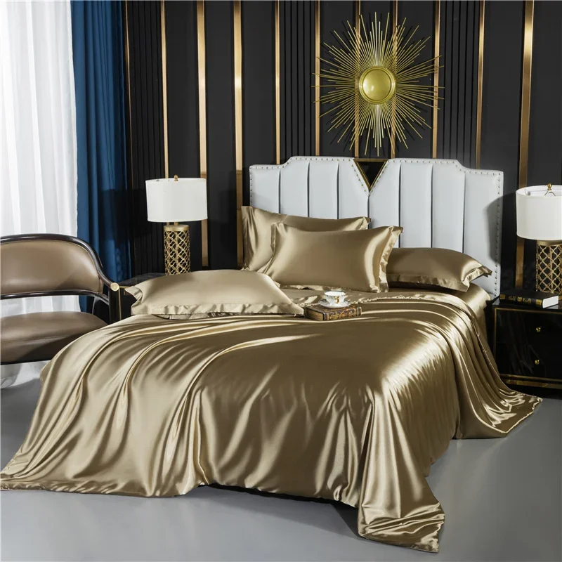 Solid Silk Bedding Set with Duvet Cover Fitted/Flat Bed Sheet Pillowcase Luxury Couple Bedsheet King Queen Double Twin Size - Image 2