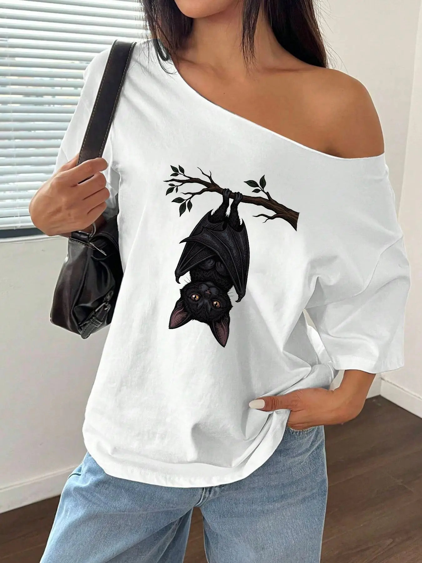 100% Cotton Plus Size Gothic Bat Cat Graphic Print Shoulder Loose Print T-Shirt Oversized Y2K Style Graphic Tees Women Tops S
