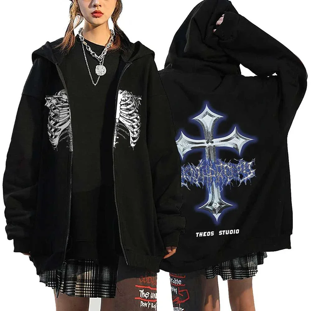Y2k Clothes Oversized Autumn Winter Fleece Zipper Hoodies Gothic Zip Up Sweatshirt Men Women Loose Jackets Hip Hop Streetwear - Image 3