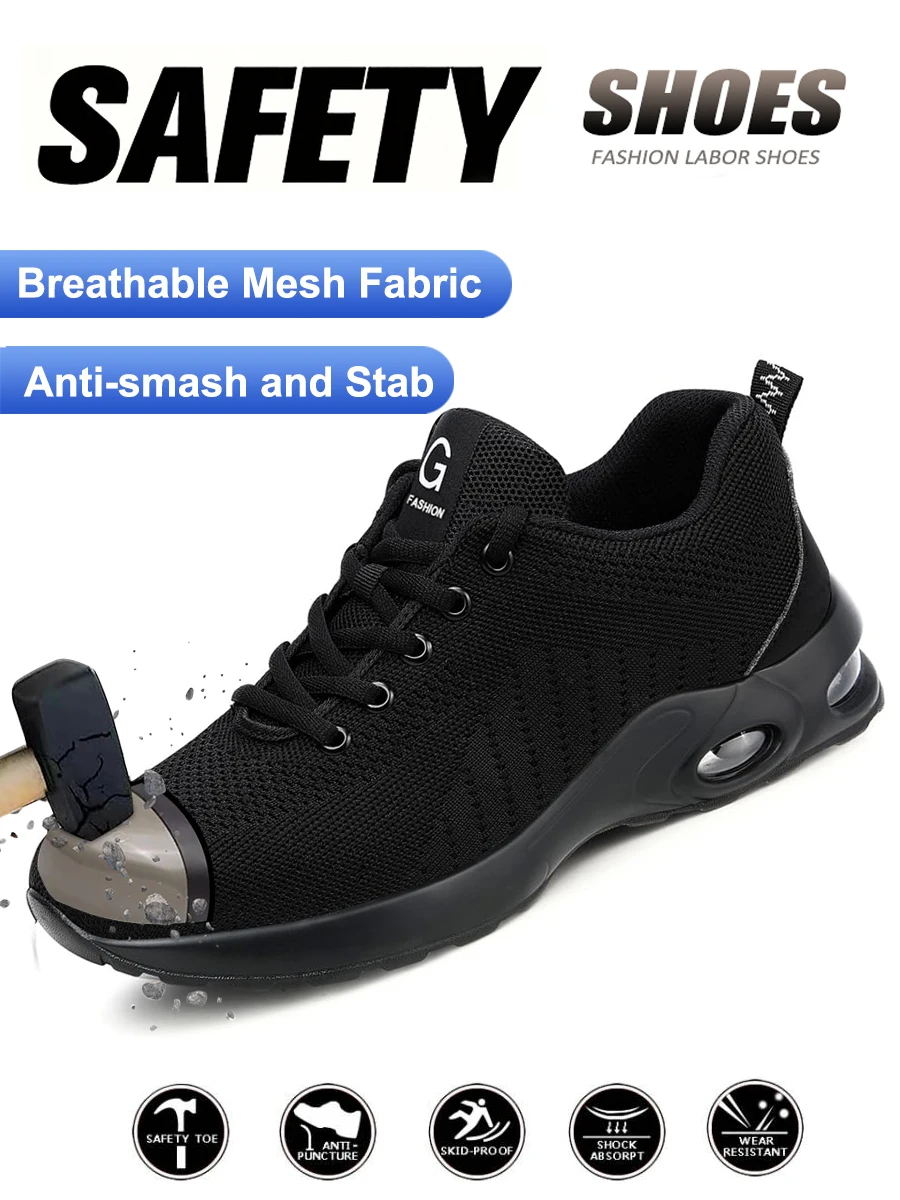 Unisex Safety Shoes Work Boots Summer Solid Color Lightweight Breathable Steel Toe Anti-Smash Indestructible Work Sneakers Puncture Proof Industrial Protective Labor Footwear For Construction Warehouse Logistics Workshop