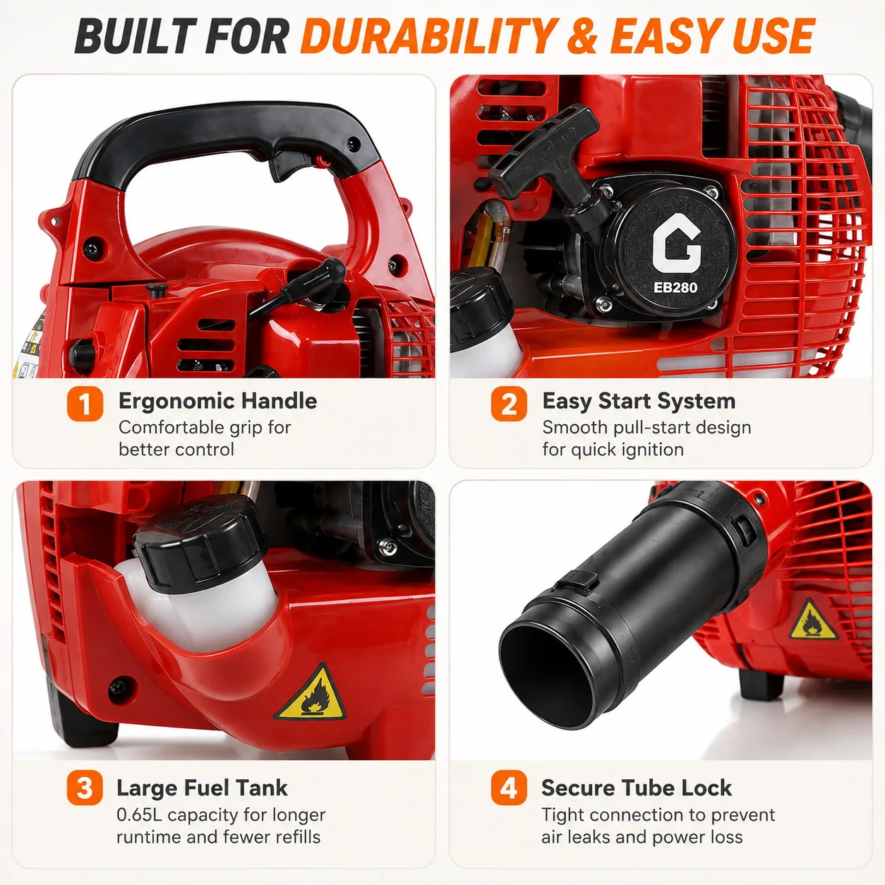 28CC Gas Leaf Blower Handheld 2 Stroke Engine 490CFM 280MPH High Airflow Lightweight Lawn Blower for Yard Garden Driveway Patio Debris Cleaning - Image 5