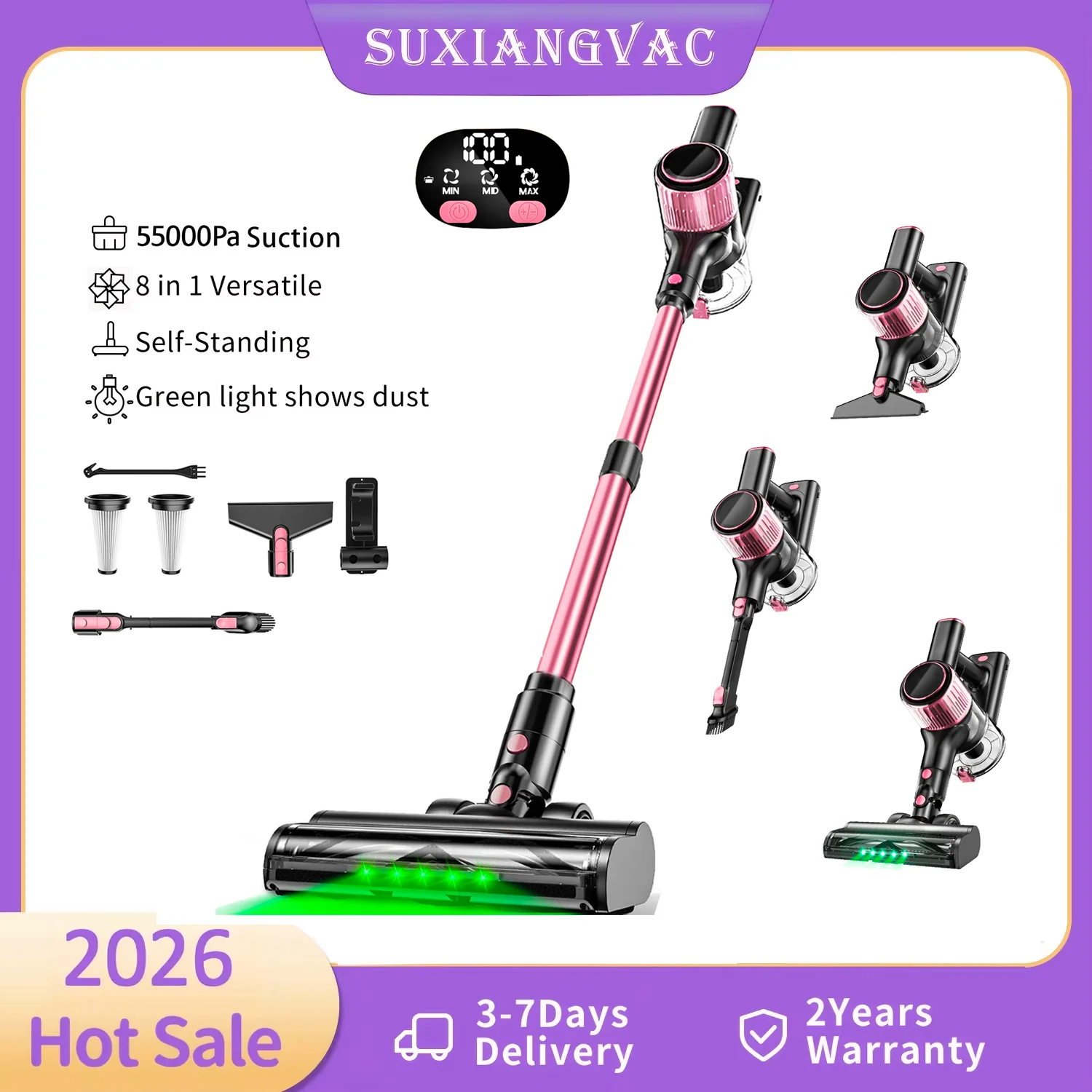 Cordless Vacuum Cleaner 45KPa Powerful Stick Vacuum, 8-in-1 Lightweight Vacuum with LED Display, Anti-Tangle Brush, Green LED Light, 45Min Detachable Battery for Pet Hair, Carpet, Hard Floor, Pink