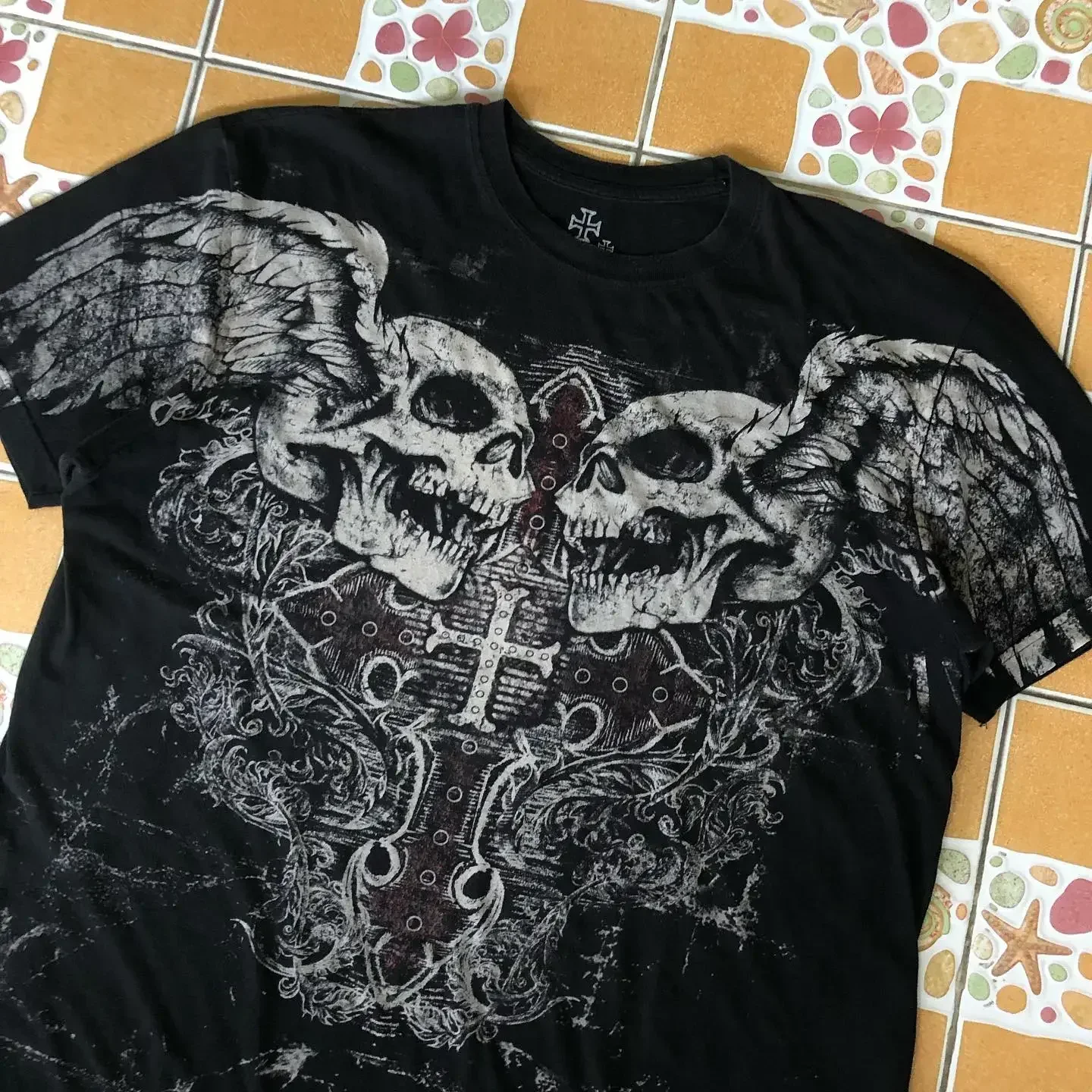90s Skeleton Cross Wing High Quality Style Streetwear Tee Gothic Skull Cross Print Trendy Graphic T-shirts - Image 3