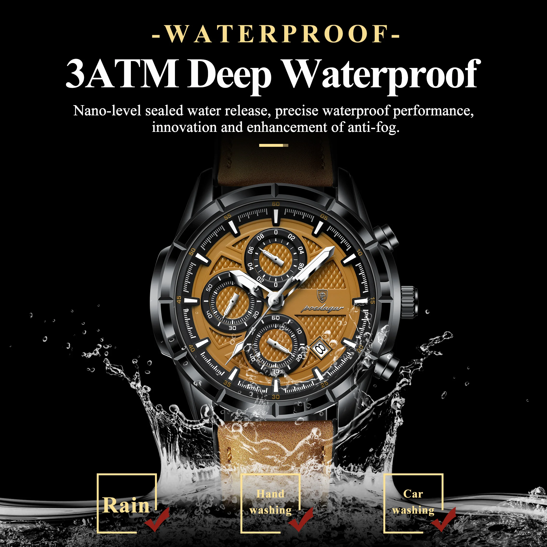 POEDAGAR Fashion Men Wristwatch Luminous Waterproof Leather Quartz Sports Men's Watches Date Chronograph Military Man Clock Gift - Image 4