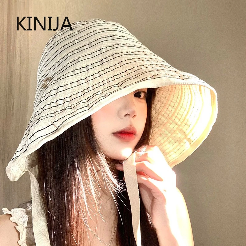 Fashion Ribbon Women Striped Fisherman Hat Wide Brim Foldable Summer Sun Hat Sun Protection Sunshade Hat Ladies Visor Cap Hiking - Image 4