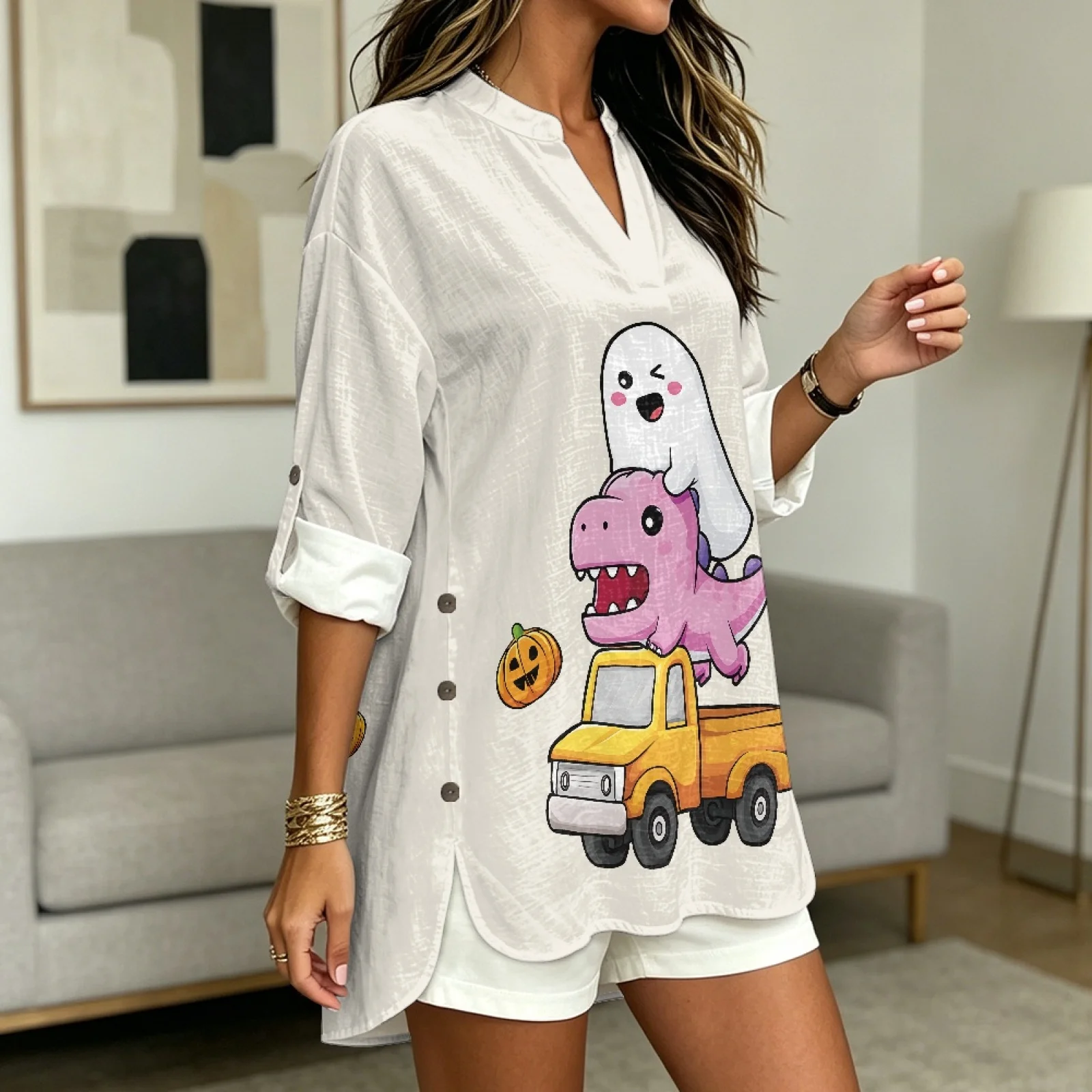 INSTANTARTS Women's Linen V-Neck Shirt Short Woman plus size clothing Sleeve T-shirts Women Poleras Blusas Autumn Solid Color - Image 5