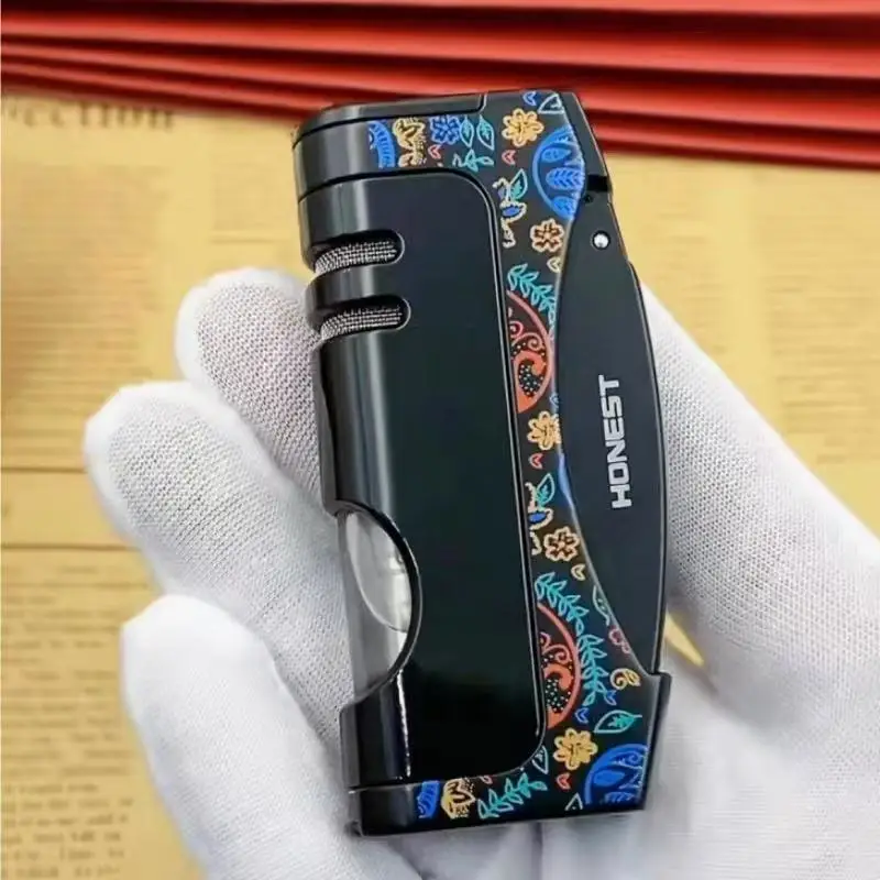 HONEST Windproof Direct Blue Flame Butane Gas Bottom Cigar Knife Visible Oil Window Side Pressure Ignition Cigar Special Tool