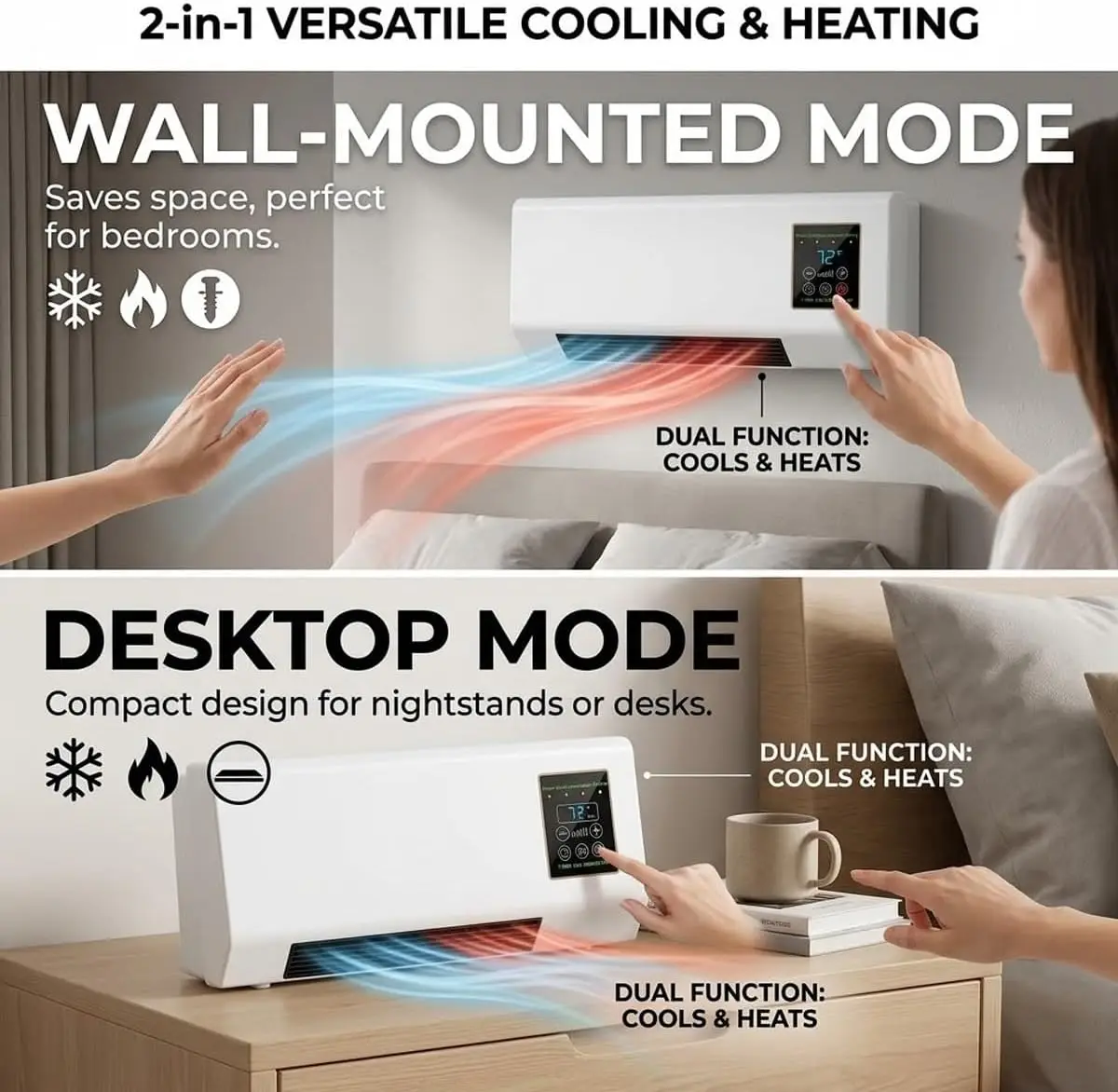 Wall Mounted Air Conditioner Fan, 2-in-1 Heater and Cooling Combo, 1800W PTC Space Heater Combo Unit with Remote 8H Timer, Quiet Ductless Smart Airflow for Bathroom Office(White) - Image 6