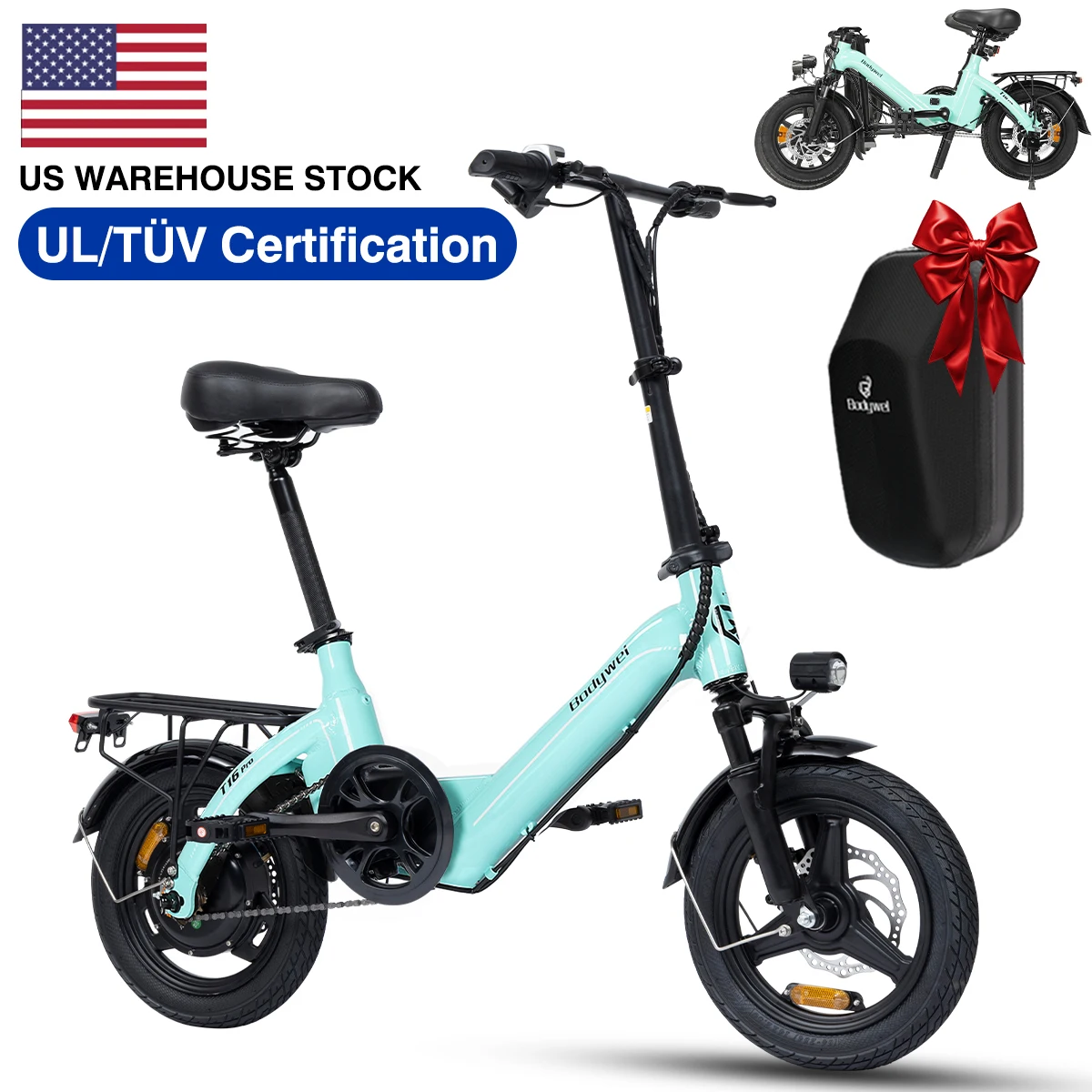 Bodywel T16Pro Adult Electric Bike 14' Foldable EBike, 750W Motor 22MPH Max Speed 36V 10.4AH Battery Commuter Electric Bicycle