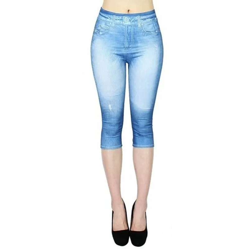 Women Print Imitation Denim Leggings Skinny Stretchy Cropped Pants Outdoor Jogging Walking Fashion High Waist Leggings - Image 4