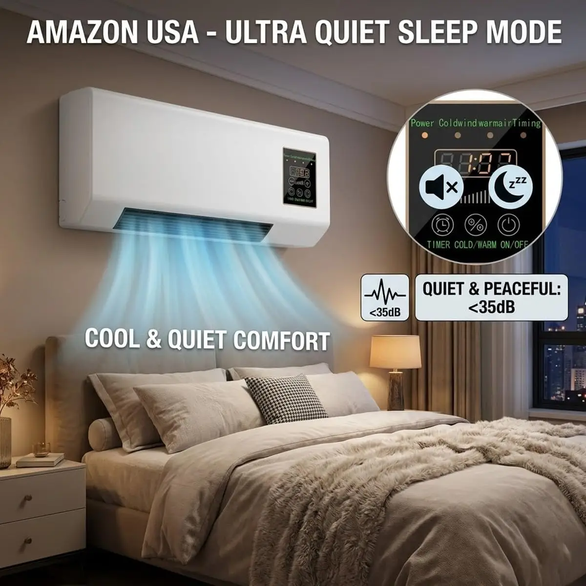 Wall Mounted Air Conditioner Fan, 2-in-1 Heater and Cooling Combo, 1800W PTC Space Heater Combo Unit with Remote 8H Timer, Quiet Ductless Smart Airflow for Bathroom Office(White) - Image 3