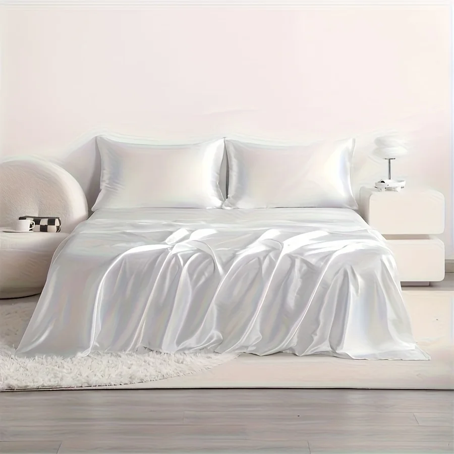 4pcs Cooling Satin Bed Sheet Set, Shrink-Resistant, Fade-Resistant, Hypoallergenic, Breathable, Flat Sheet & Fitted Sheet & Pill - Image 3