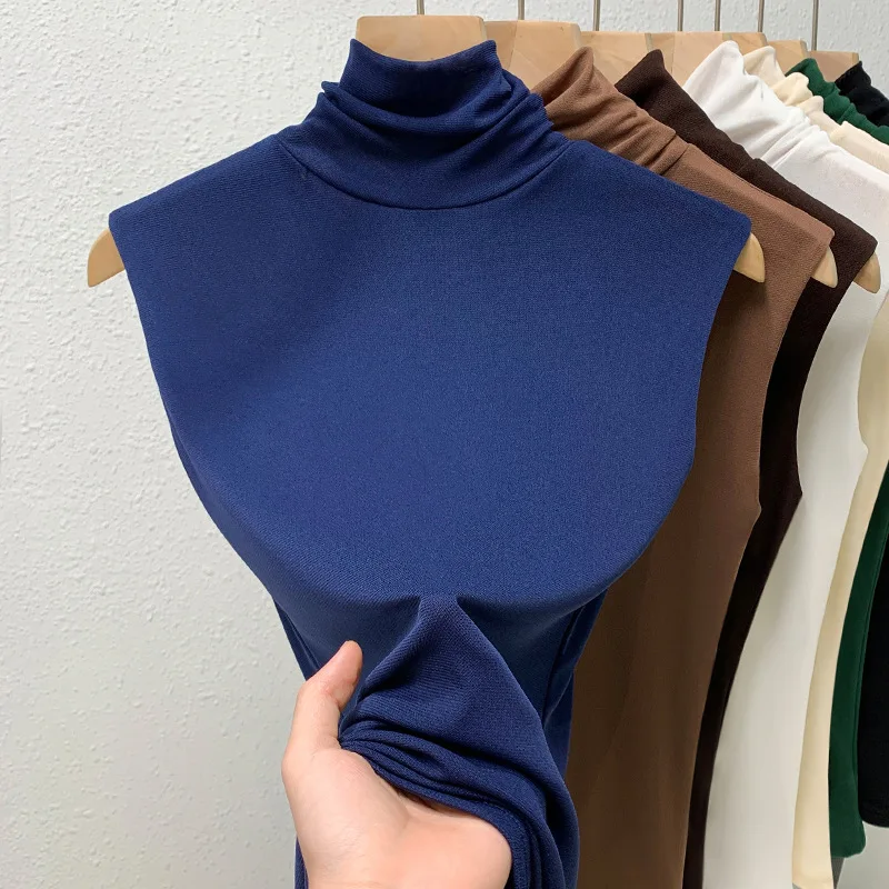 Elastic Mesh High Neck T-shirt New Women's Solid Color Plus Size Sleeveless Basic Top