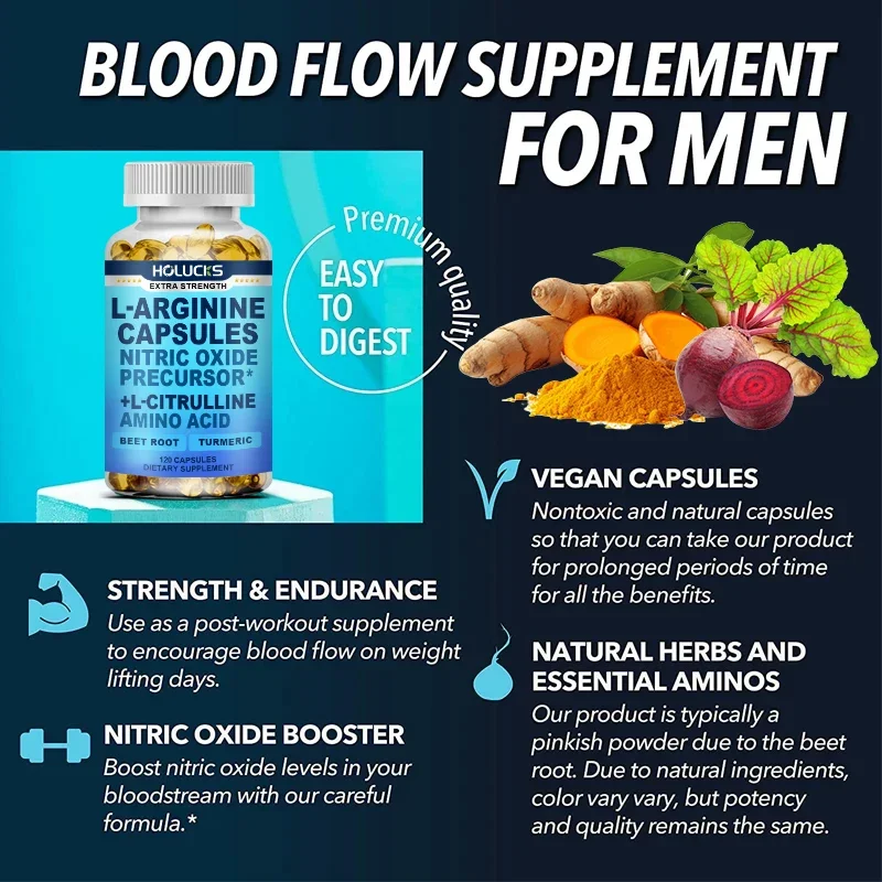 L-Arginine Supplement, with Beet Root & Turmeric, Supports Muscle Growth, Energy, Performance, Recovery & Vitality for Men - Image 6