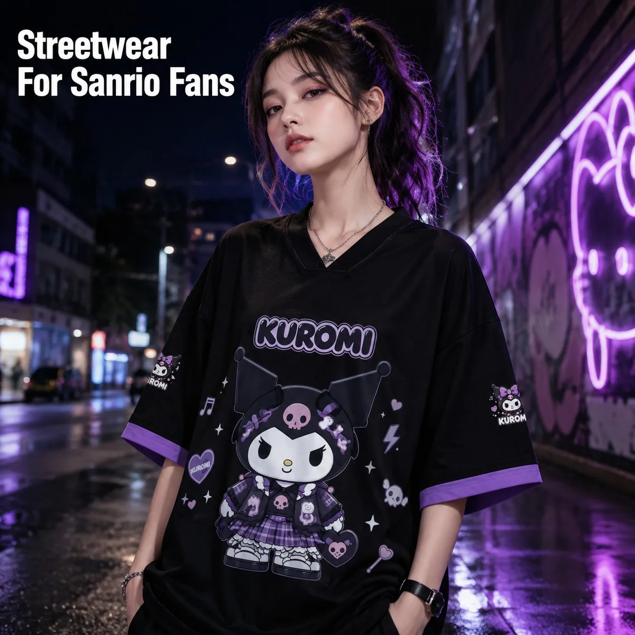 Kuromi Black Oversized V Neck Jersey Tee Sanrio Goth Kawaii Skull Cartoon Print Y2K Harajuku Women Streetwear Top