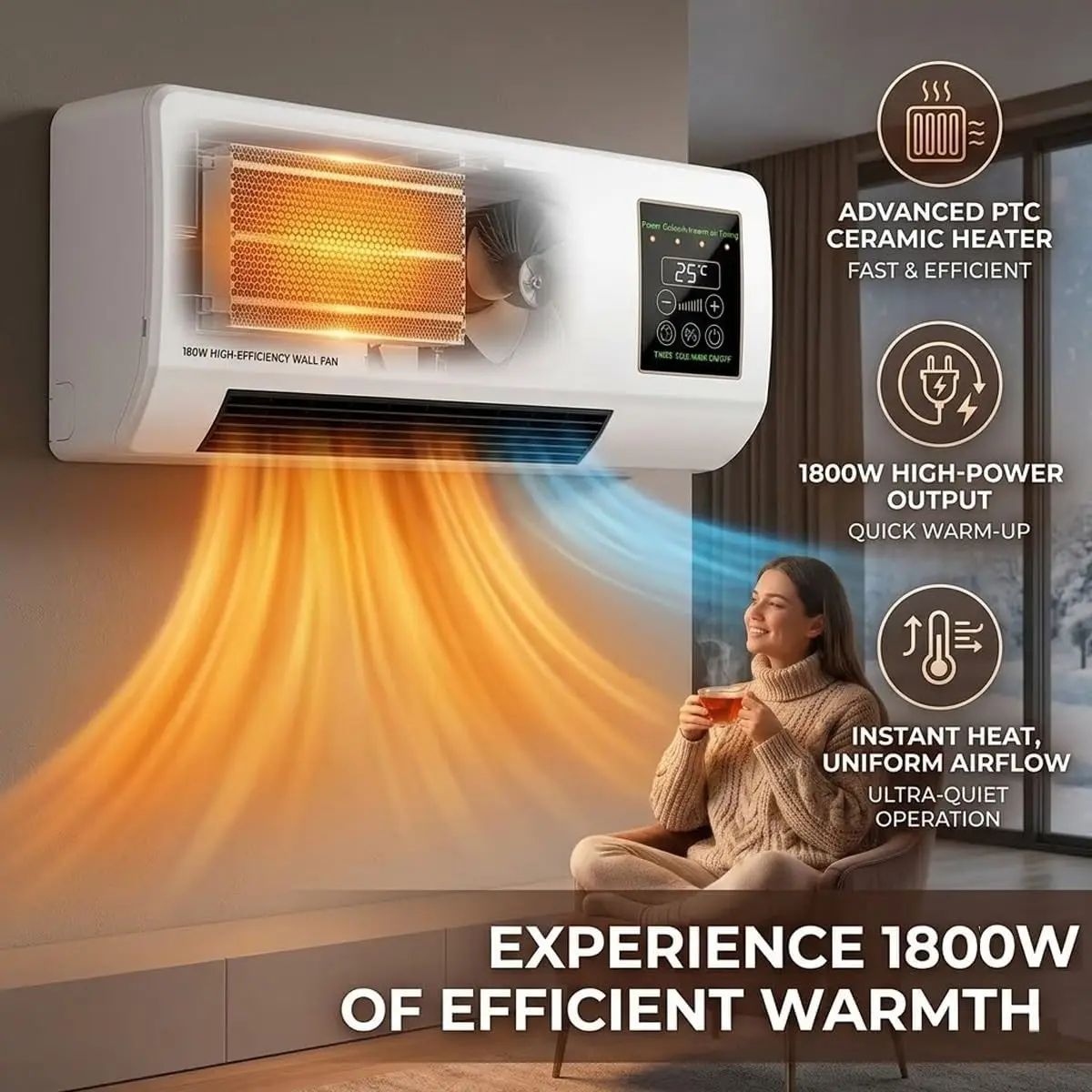 Wall Mounted Air Conditioner Fan, 2-in-1 Heater and Cooling Combo, 1800W PTC Space Heater Combo Unit with Remote 8H Timer, Quiet Ductless Smart Airflow for Bathroom Office(White) - Image 7