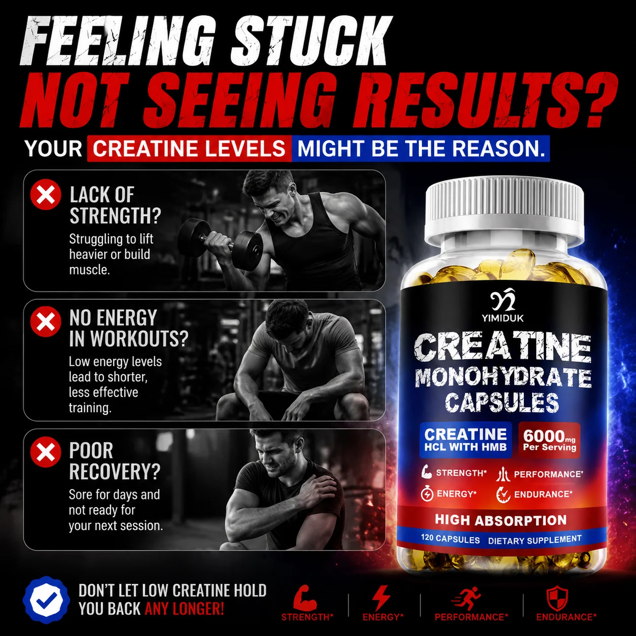 Dual Creatine Monohydrate Capsules, with HCL HMB, Support Muscle Mass, Exercise Endance, Stamina & Energy, Training Performance - Image 3