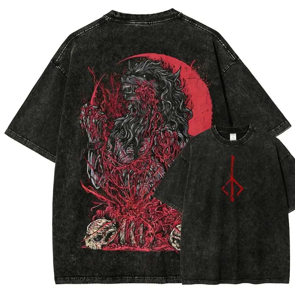 Washed Vintage Bloodborne T Shirt Men Women Beast Wolf Red Moon Horror Gothic Dark Game Graphic Cotton Unisex Streetwear Tee