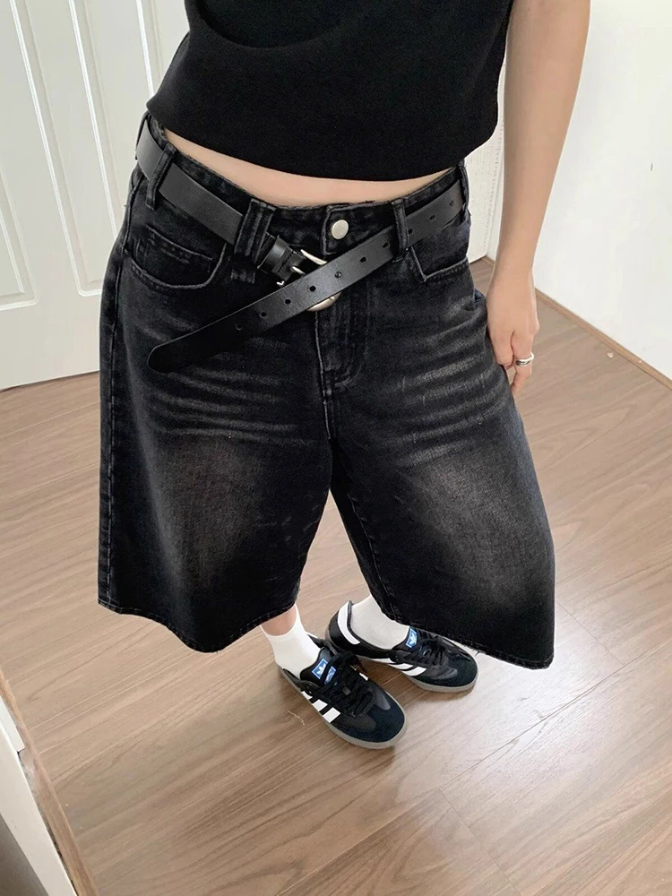 High Waist Black Retro Washed Denim Shorts Women's Harajuku Vintage Fashion Casual Loose Y2K Streetwear Mid Long Wide Leg Pants - Image 3