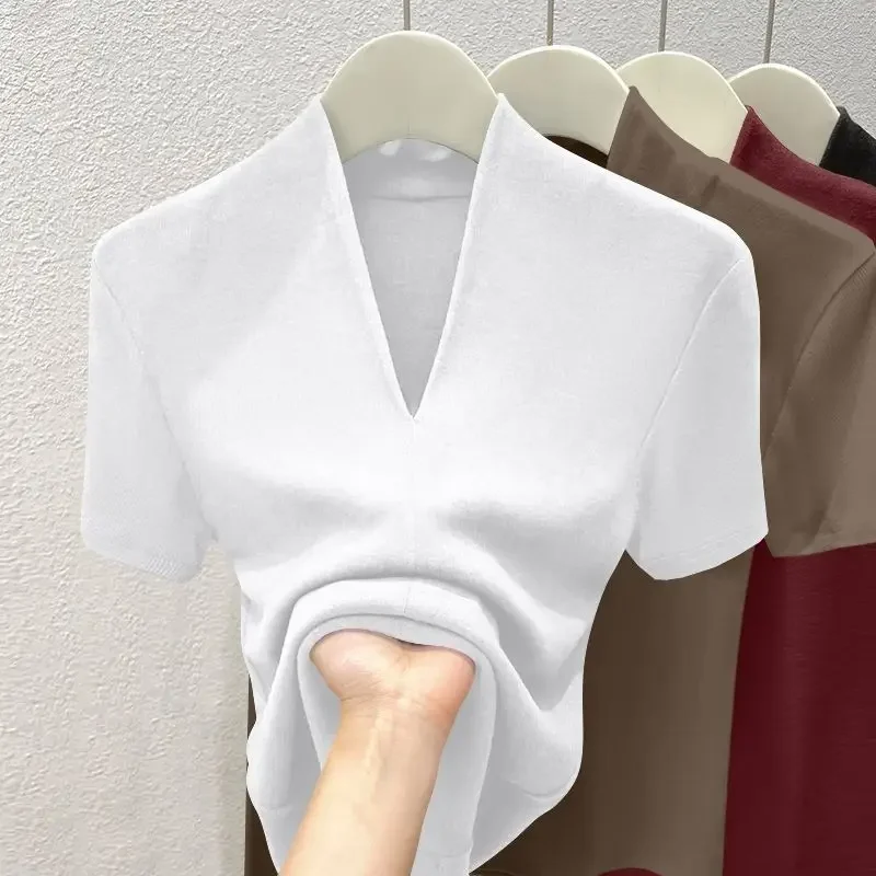 Women Threaded New Summer Short Sleeved Top for Fashion Versatile Base Shirt Plus Size Slim Fit V-neck Casual and Sexy T-shirt