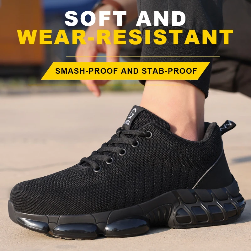 Men Safety Shoes Work Boots, Summer Solid Color Lightweight Breathable Steel Toe Anti-Smash Indestructible Tactical Work Sneakers - Image 3