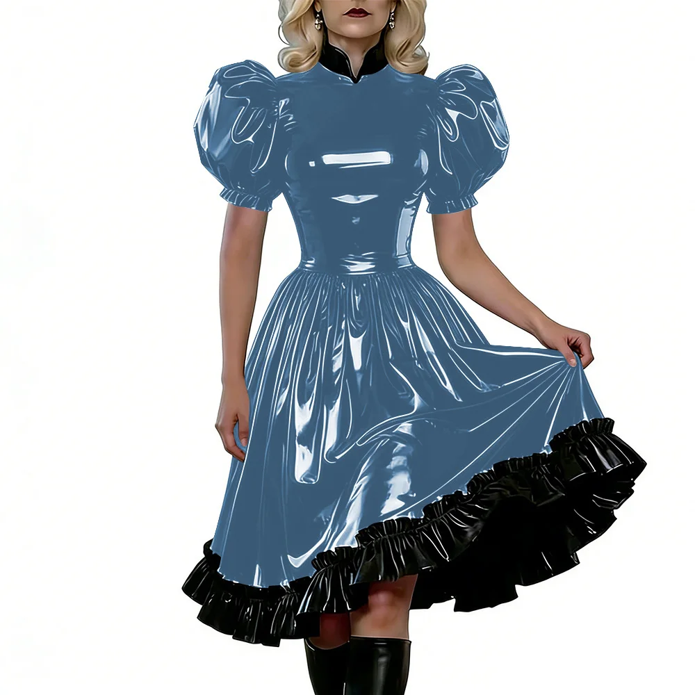 Plus Size Gothic Women Shiny PVC Leather Mid Dress Puff Short Sleeve Stand Collar Black Ruffle Trim A-line Dresses Party Outfit - Image 6