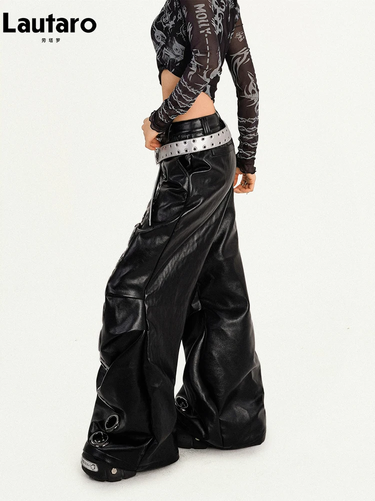 Lautaro Spring Cool Long Black Baggy Pu Leather Wide Leg Pants for Women with Many Holes Luxury Designer Emo Punk Clothes 2026 - Image 5