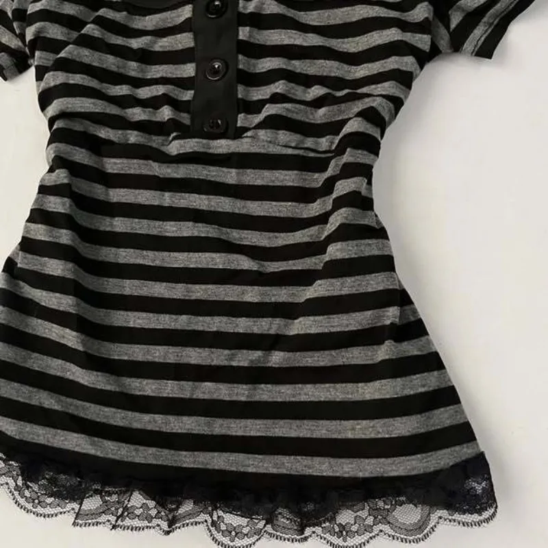 Vintage Slim Lace T-shirt Solid Color Casual Pattern Commuter High Street Fashion Y2K Cropped Top Trash Punk Hop Women's T-shirt - Image 6