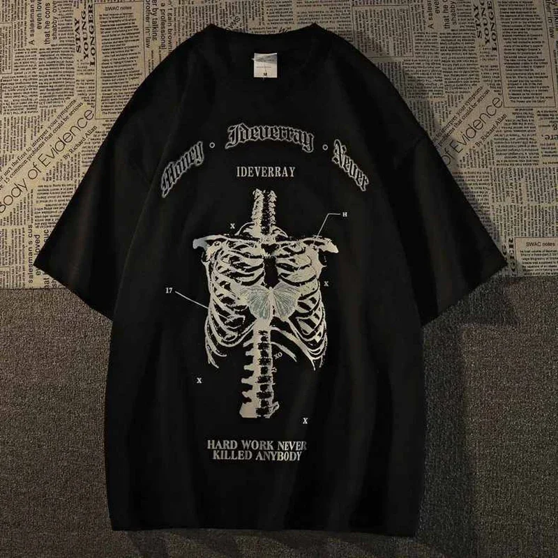 Grunge Aesthetic Women T Shirt Goth Skeleton Print Short Sleeve FemaleT-Shirts Dark Fashion Streetwear Graphic Tee Unisex Tops
