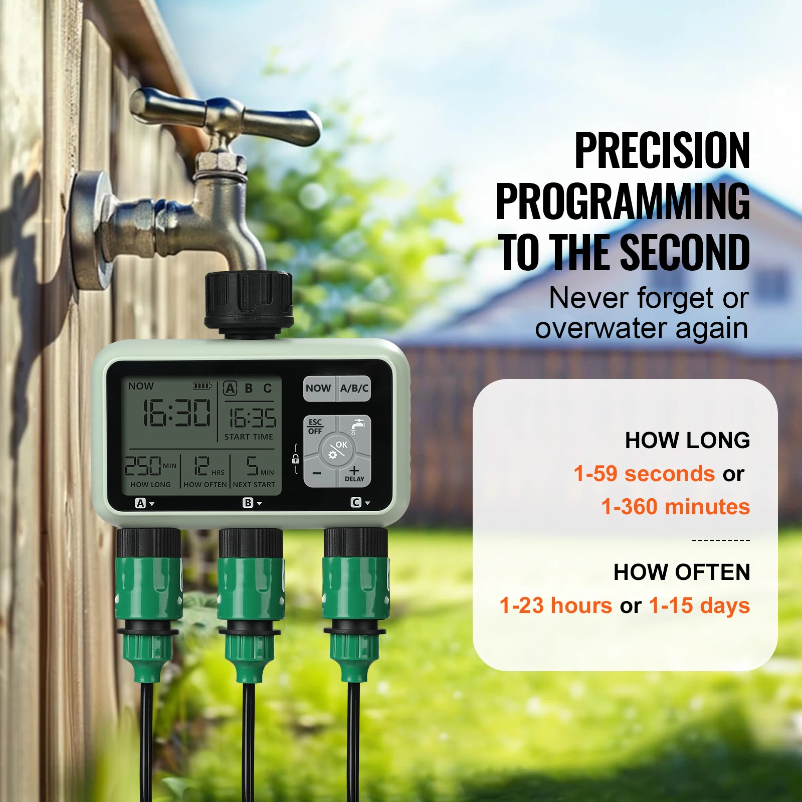 SucceBuy Water Timer 3 Outlets Hose 3 Independent Watering Zone LCD Display Rain Delay Mode Manual Mode Watering Sprinkler Timer - Image 3