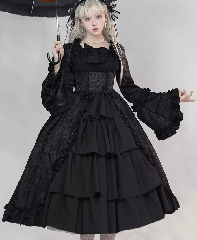 Large Size European Gothic Lolita Retro Princess Court Dress Fashion High Waist A-line Personality Dark Flare Sleeve Dresses - Image 5